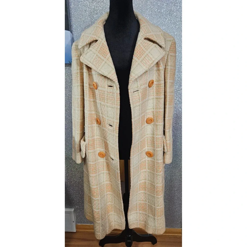 Vintage ILGWU Union Made Plaid Tweed Double Breasted Peacoat Orange‎ Green Cream